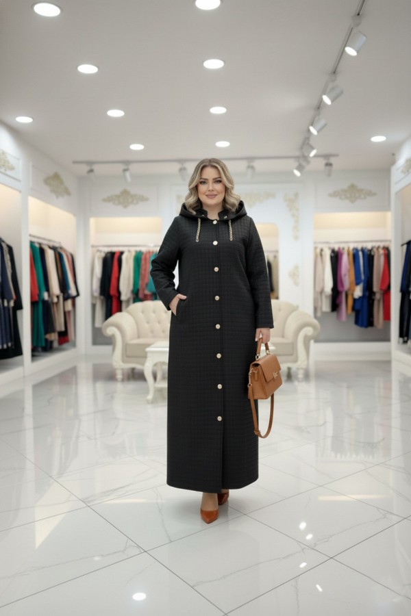 Burcu Kapüşonu Çıkabilir Tam Boy Kapitone Trenç - Siyah 