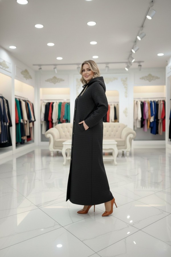 Burcu Kapüşonu Çıkabilir Tam Boy Kapitone Trenç - Siyah 