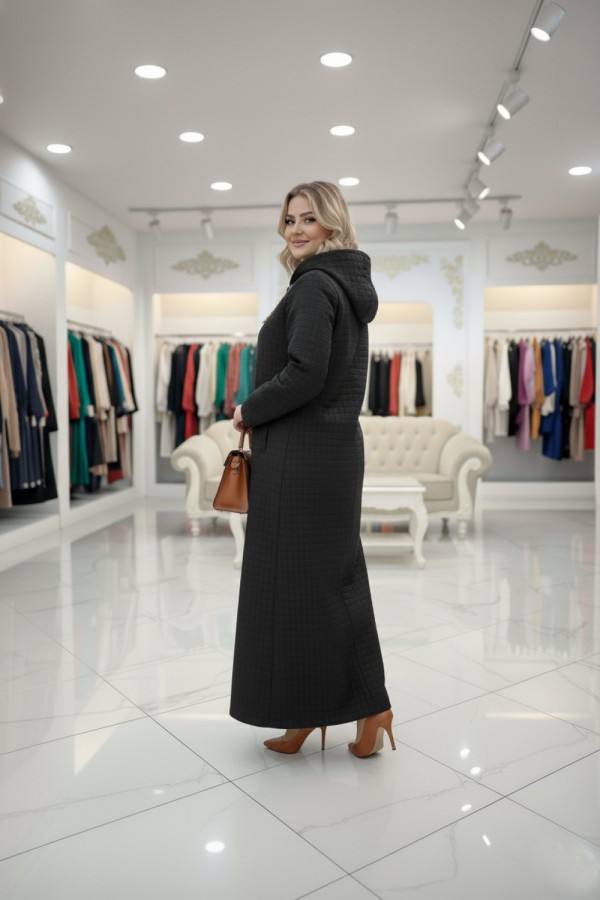 Burcu Kapüşonu Çıkabilir Tam Boy Kapitone Trenç - Siyah 