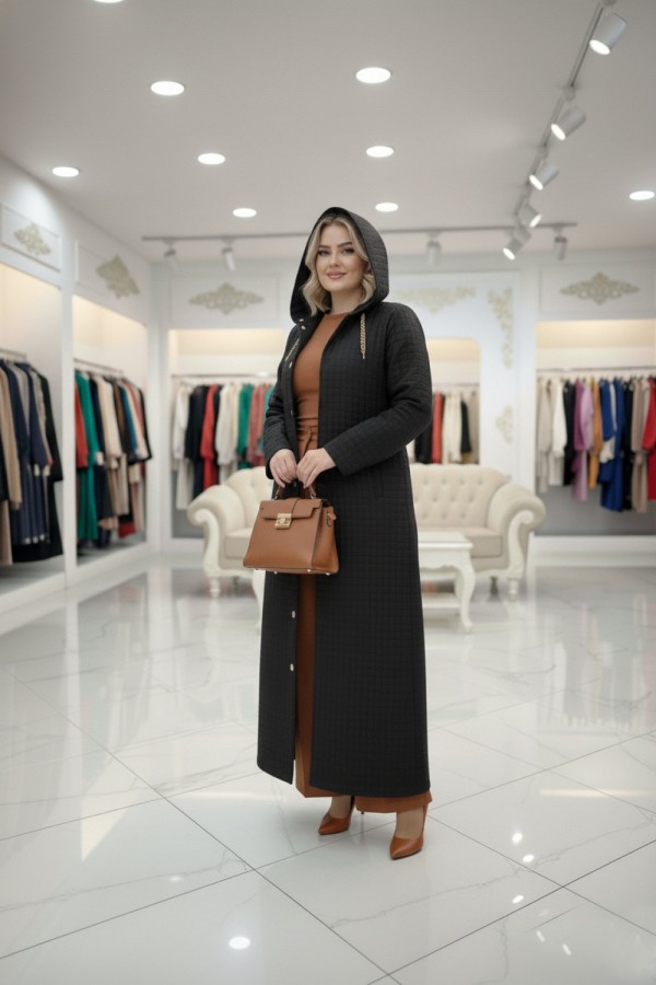 Burcu Kapüşonu Çıkabilir Tam Boy Kapitone Trenç - Siyah 