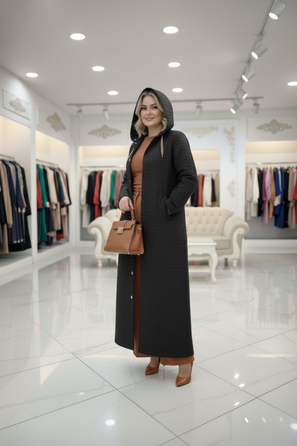 Burcu Kapüşonu Çıkabilir Tam Boy Kapitone Trenç - Siyah 