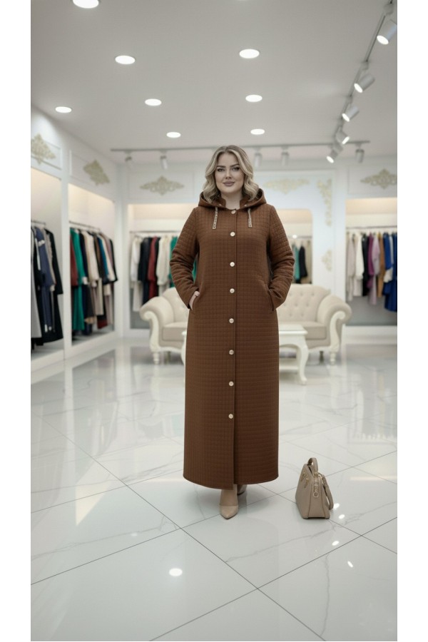 Burcu Kapüşonu Çıkabilir Tam Boy Kapitone Trenç - Kahve