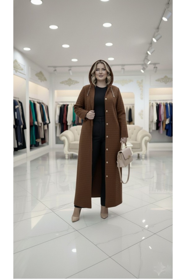Burcu Kapüşonu Çıkabilir Tam Boy Kapitone Trenç - Kahve
