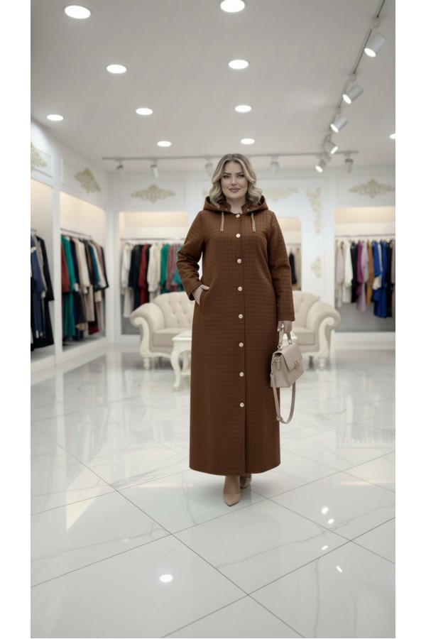 Burcu Kapüşonu Çıkabilir Tam Boy Kapitone Trenç - Kahve