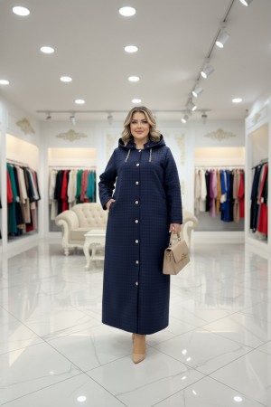 Burcu Kapüşonu Çıkabilir Tam Boy Kapitone Trenç - Lacivert