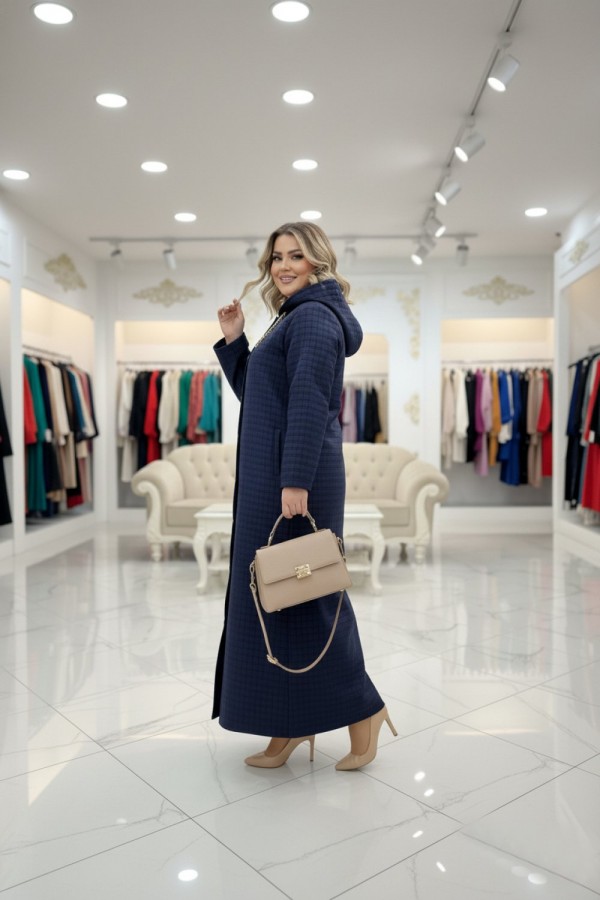 Burcu Kapüşonu Çıkabilir Tam Boy Kapitone Trenç - Lacivert