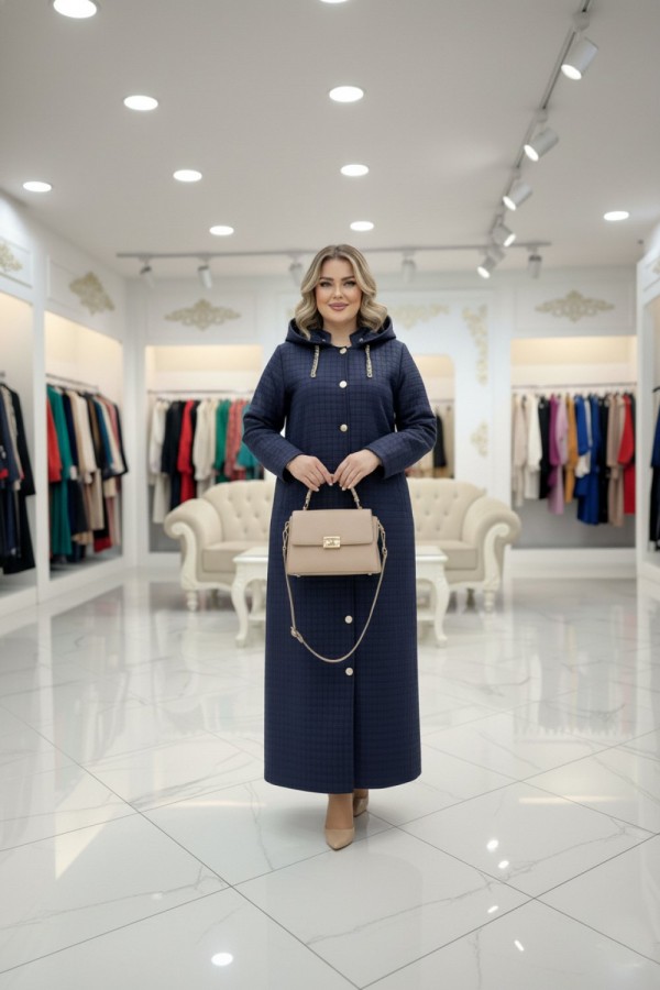 Burcu Kapüşonu Çıkabilir Tam Boy Kapitone Trenç - Lacivert