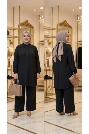 Ajda Düğmeli Modal Takım - Siyah 
