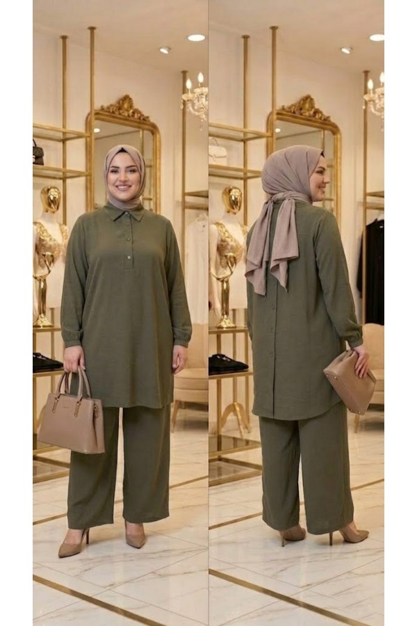Ajda Düğmeli Modal Takım - Haki