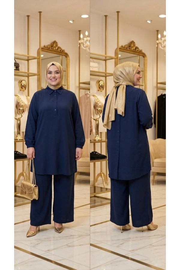 Ajda Düğmeli Modal Takım - Lacivert 