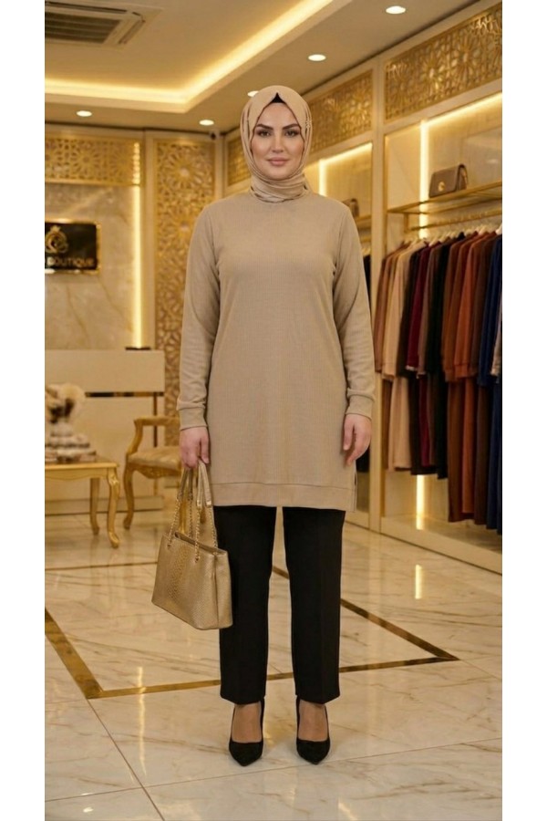 Şeyma Full Likralı Esnek Tunik - Bej