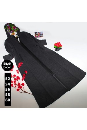 Büyük Beden Kaşe Derili Ferace  Siyah Büyük Beden Kaşe Derili Ferace  Siyah