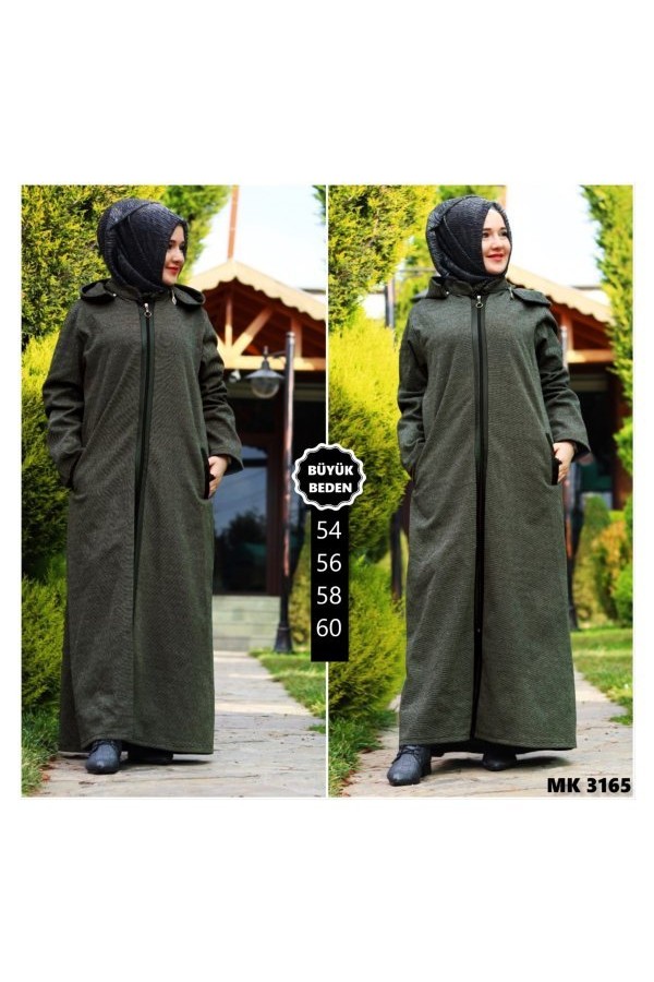 Büyük Beden Kaşe Derili Ferace Haki Büyük Beden Kaşe Derili Ferace Haki