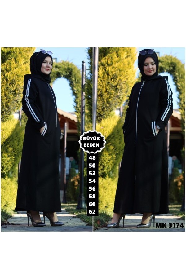 Büyük Beden Kapşonlu Tam Boy Sim Şeritli Kap Siyah Büyük Beden Kapşonlu Tam Boy Sim Şeritli Kap Siyah