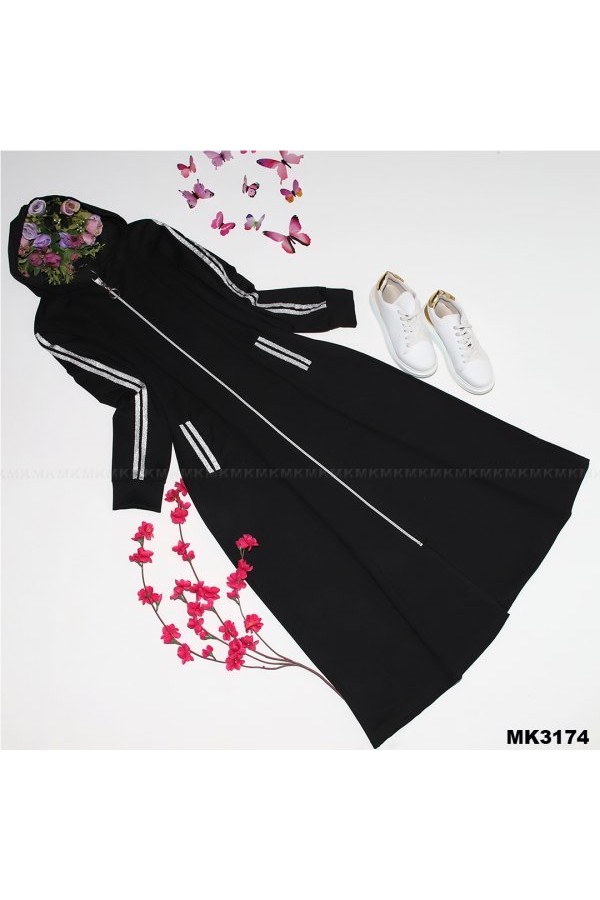 Büyük Beden Kapşonlu Tam Boy Sim Şeritli Kap Siyah Büyük Beden Kapşonlu Tam Boy Sim Şeritli Kap Siyah