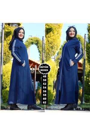 Büyük Beden Kapşonlu Tam Boy Sim Şeritli Kap  Petrol Mavisi