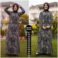 Büyük Beden Pamuklu Kumaş Desenli Elbise  Siyah Ekru