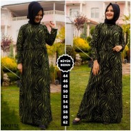 Büyük Beden Pamuklu Kumaş Desenli Elbise  Yeşil