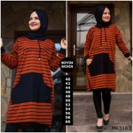 Büyük Beden Kapşonlu Çizgili Tunik Kiremit Büyük Beden Kapşonlu Çizgili Tunik Kiremit