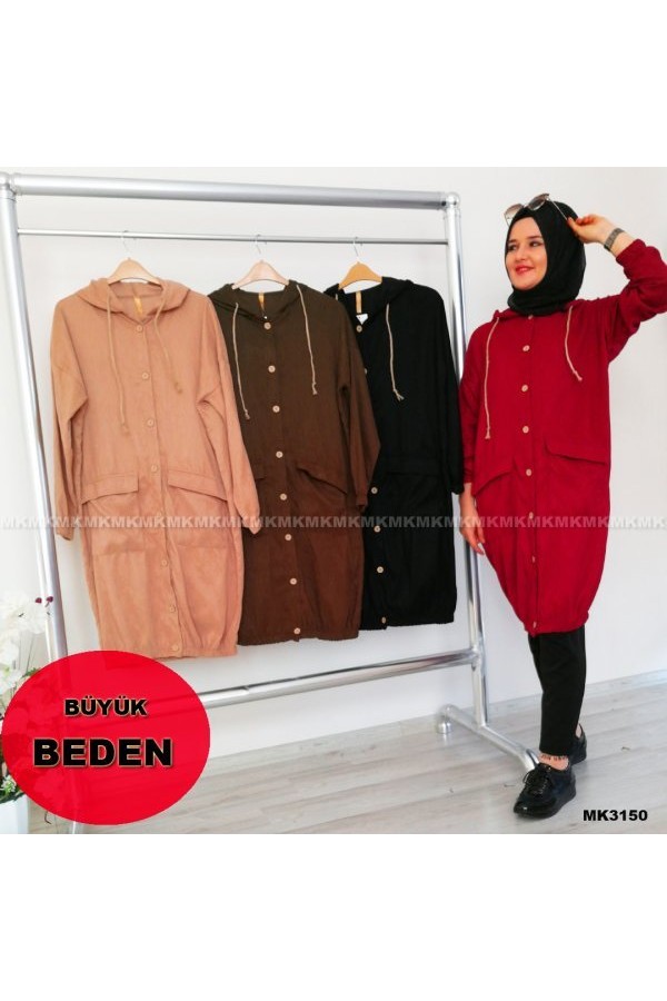 Kapşonlu Spor Kadife Trenç Kap Kırmızı Kapşonlu Spor Kadife Trenç Kap Kırmızı