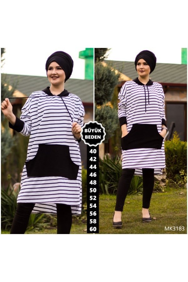 Büyük Beden Kapşonlu Çizgili Tunik Beyaz Siyah Büyük Beden Kapşonlu Çizgili Tunik Beyaz Siyah