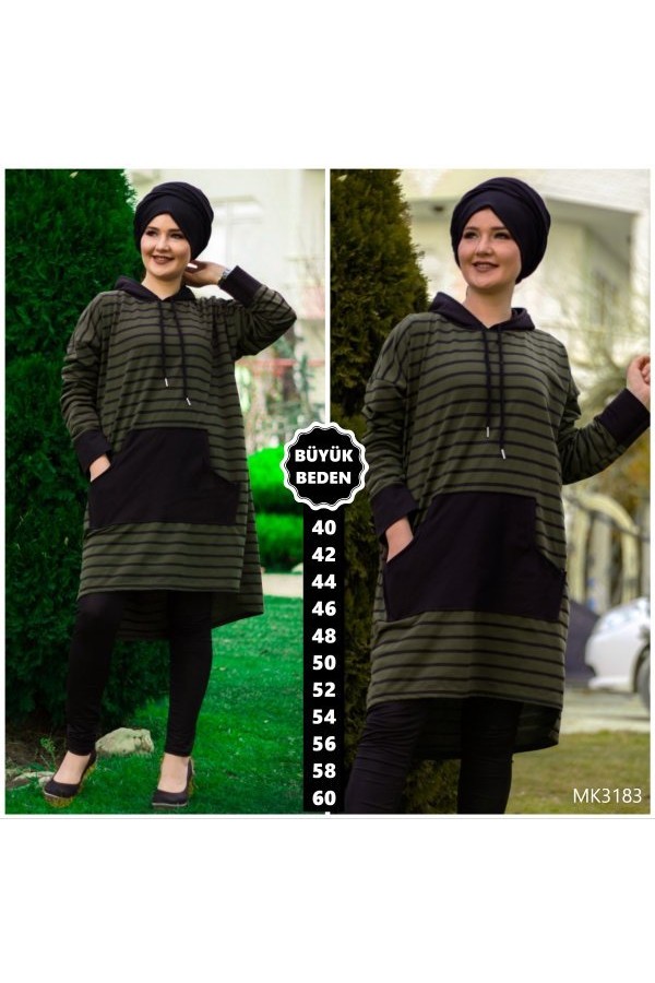 Büyük Beden Kapşonlu Çizgili Tunik Haki Büyük Beden Kapşonlu Çizgili Tunik Haki