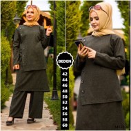 Büyük Beden Düğmeli İkili Takım  Haki