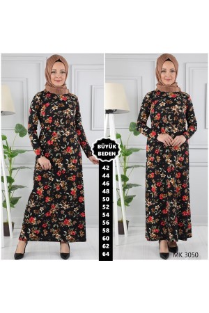 Büyük Beden Baskılı Krep Kumaş Elbise  Kiremit Çiçek