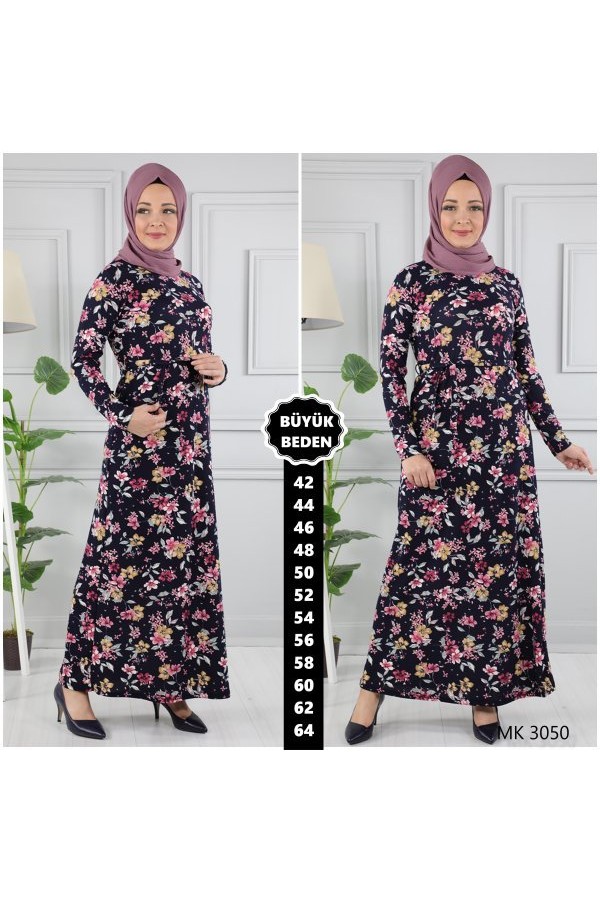 Büyük Beden Baskılı Krep Kumaş ElbiseLacivert Pembe Büyük Beden Baskılı Krep Kumaş ElbiseLacivert Pembe