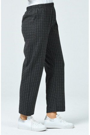 Büyük Beden Cepli Kışlık Lastikli Kaşe Pantolon Füme Kareli