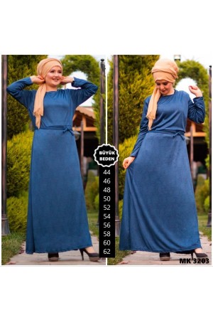 Büyük Beden Baskılı Krep Kumaş Elbise  Mavi