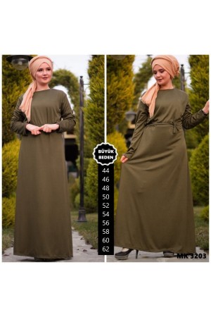 Büyük Beden Baskılı Krep Kumaş Elbise  Haki