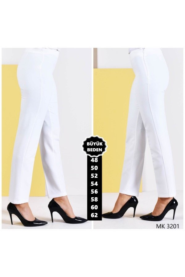 Büyük Beden Yandan Fermuarlı Bayan Yüksek Bel Kumaş Pantolon  Ekru