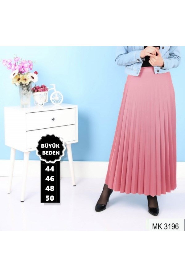 Büyük Beden Piliseli Etek  Pudra