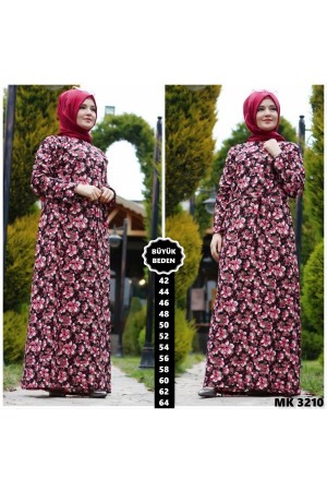 Çiçek Desenli Büyük Beden Elbise  Fuşya Kahve Çiçekli