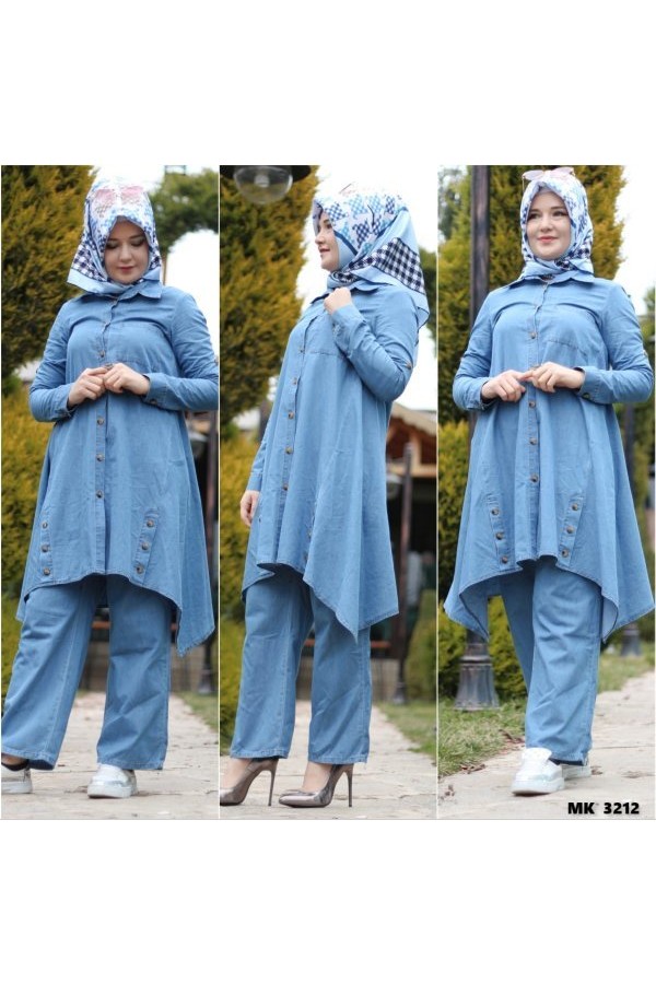 İkili Asimetrik Kot Takım tunikpantolon Açık Mavi