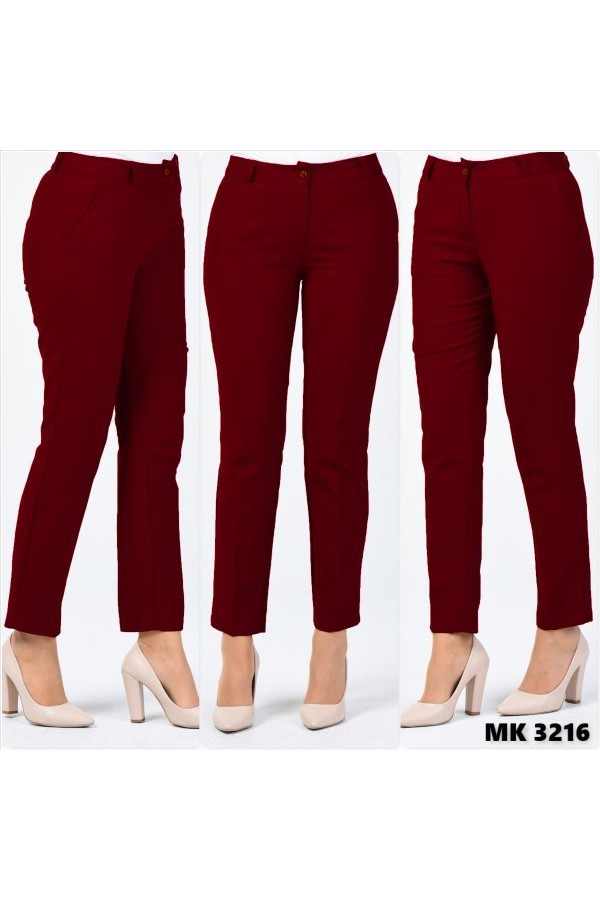 Büyük Beden Beli Kemerli Cepli Klasik Kumaş Pantolon  Açık Bordo