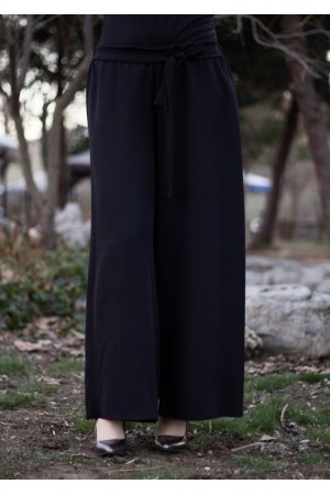 Beli Lastikli Kuşaklı Bol Paça Pantolon  Siyah