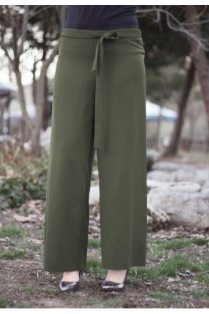 Beli Lastikli Kuşaklı Bol Paça Pantolon Haki Beli Lastikli Kuşaklı Bol Paça Pantolon Haki