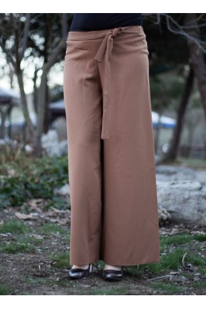 Beli Lastikli Kuşaklı Bol Paça Pantolon  Vizon