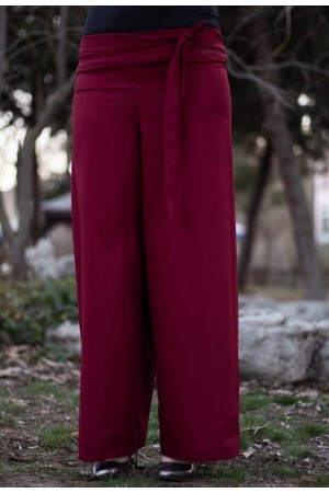 Beli Lastikli Kuşaklı Bol Paça Pantolon  Bordo