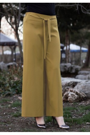 Beli Lastikli Kuşaklı Bol Paça Pantolon  Açık Sarı