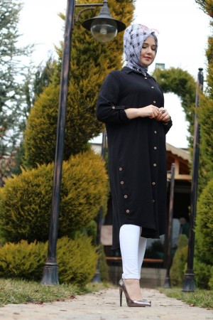 Büyük Beden Yanları Düğme Detaylı Ayrobin Tunik  Siyah