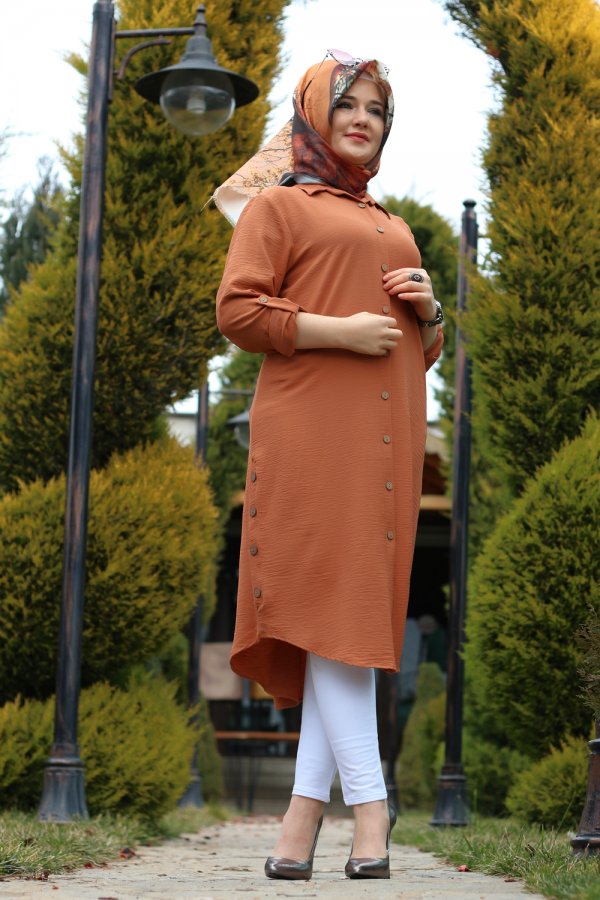 Büyük Beden Yanları Düğme Detaylı Ayrobin Tunik  Taba