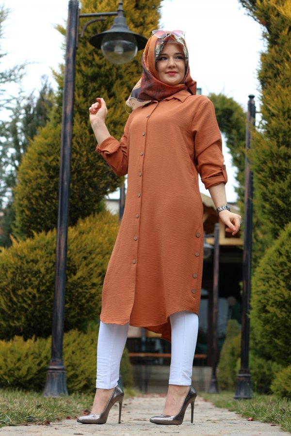 Büyük Beden Yanları Düğme Detaylı Ayrobin Tunik  Taba