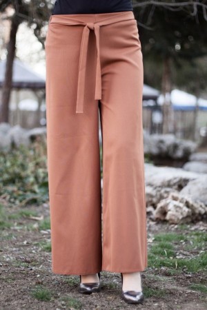 Beli Lastikli Kuşaklı Bol Paça Pantolon  Taba