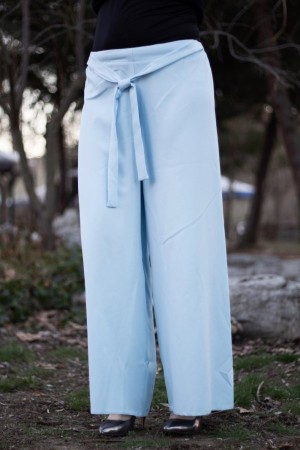 Beli Lastikli Kuşaklı Bol Paça Pantolon  Bebe Mavi