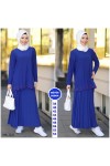 Büyük Beden Piliseli Gipür Detaylı İkili Takım  Saks Mavi