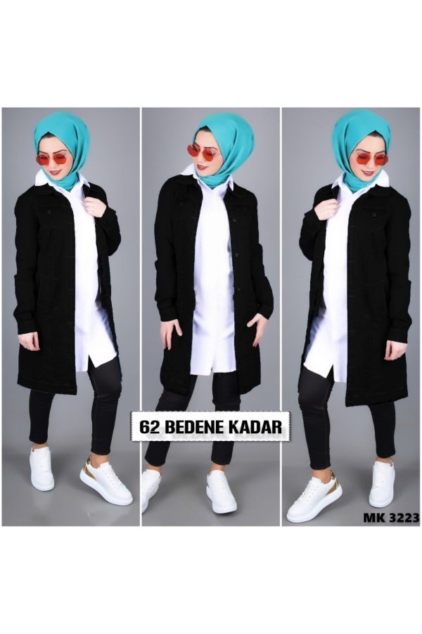 Büyük Beden Punterez Detaylı Kot Ceket  Siyah