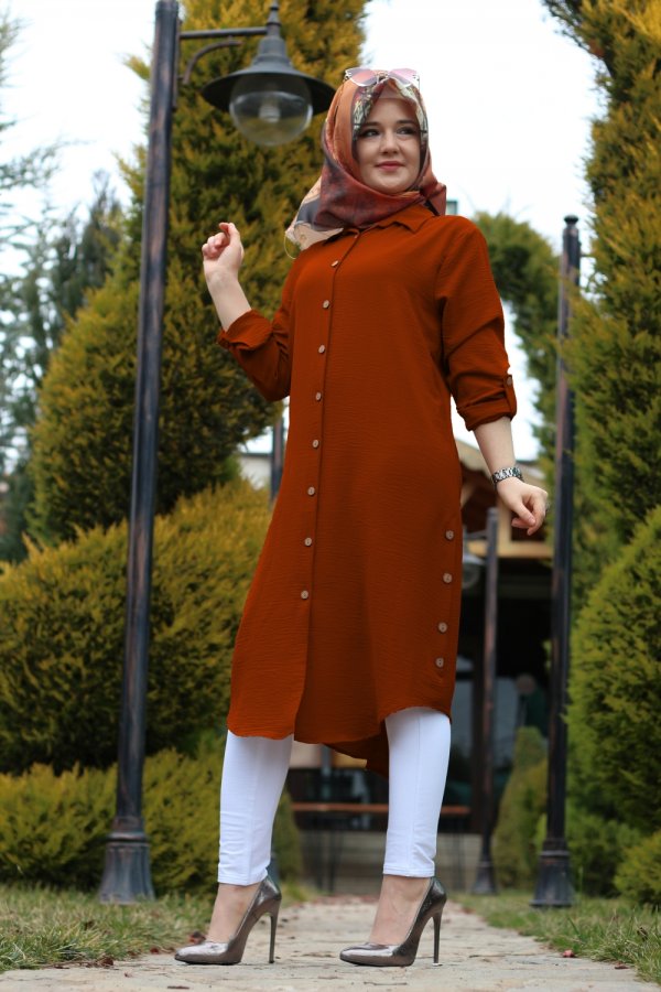 Büyük Beden Yanları Düğme Detaylı Ayrobin Tunik  Kiremit